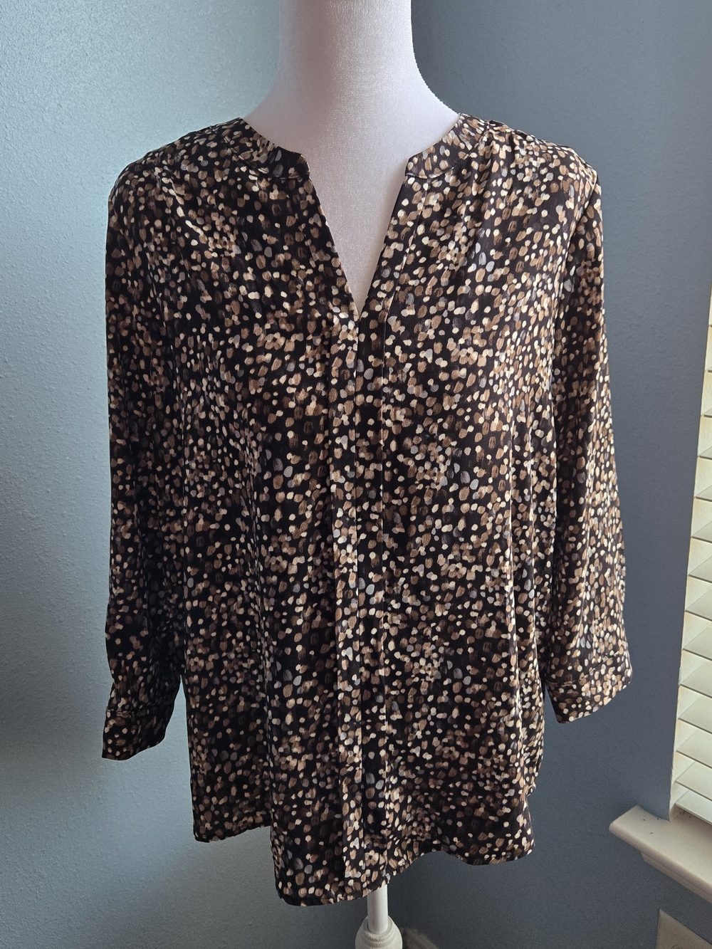 Dana Buchman Black Blouse with Brown and White Spot Print - Picture 1 of 3